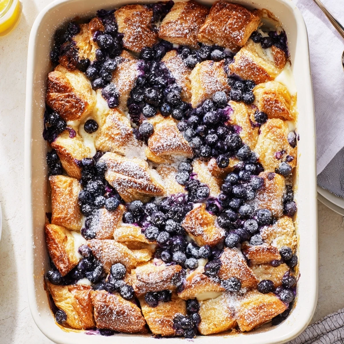 Golden blueberry cream cheese croissant casserole baked to creamy perfection with powdered sugar topping