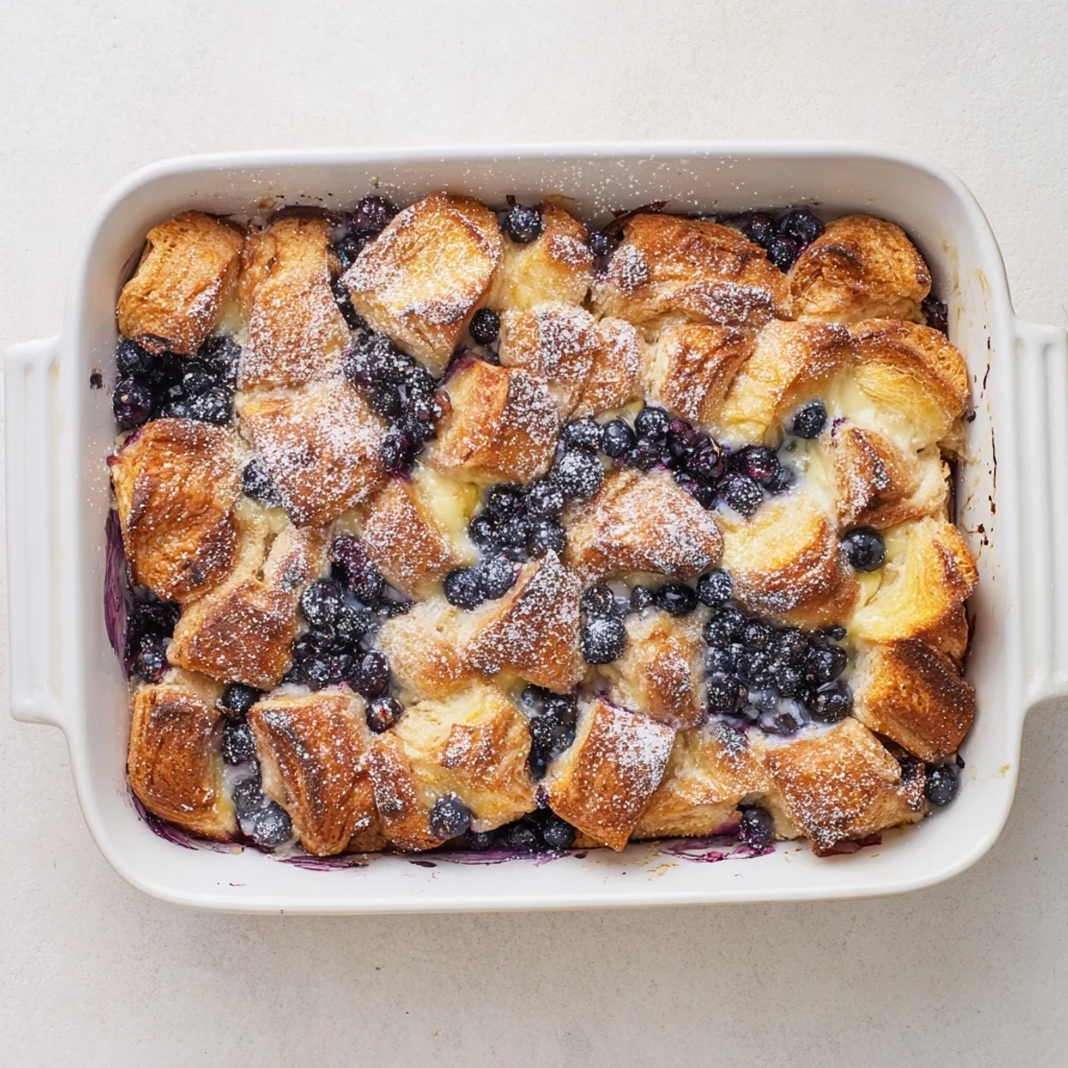 Warm breakfast casserole featuring buttery croissants, sweet blueberries, and rich cream cheese filling