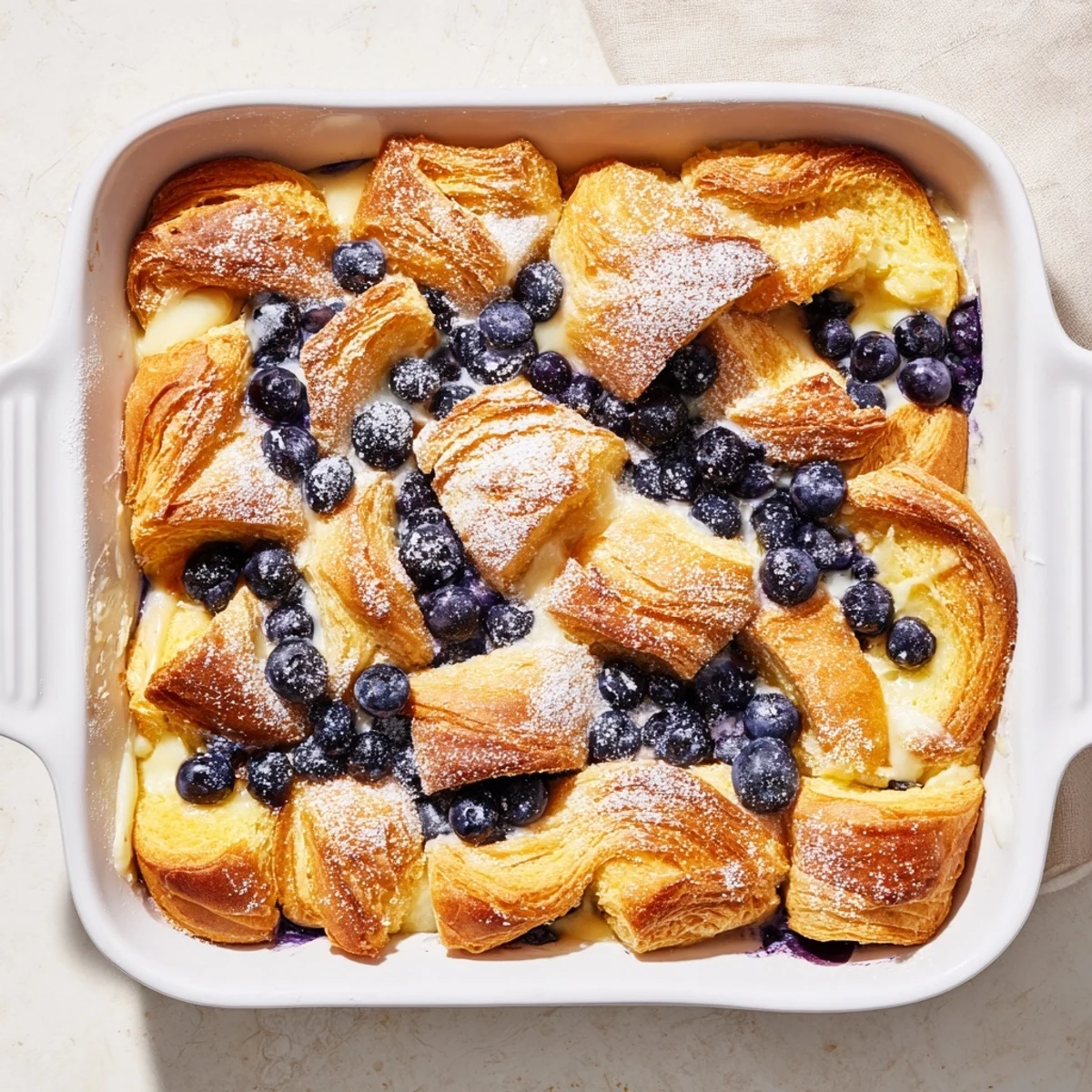 Flaky croissant pieces soaked in cream cheese custard with bursts of fresh blueberries