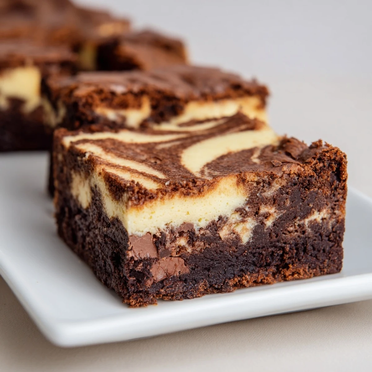 Fudgy sourdough cheesecake brownie bars with creamy vanilla swirls on a white plate