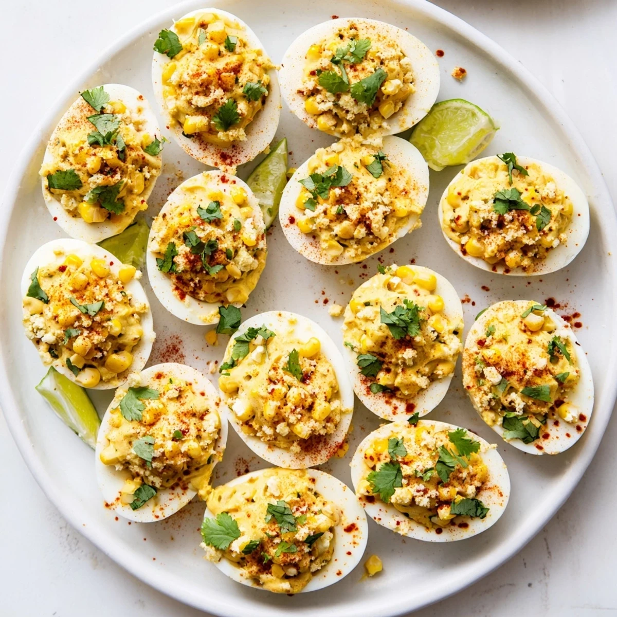 Creamy Mexican street corn deviled eggs topped with crumbly cotija cheese and fresh cilantro on a white serving platter