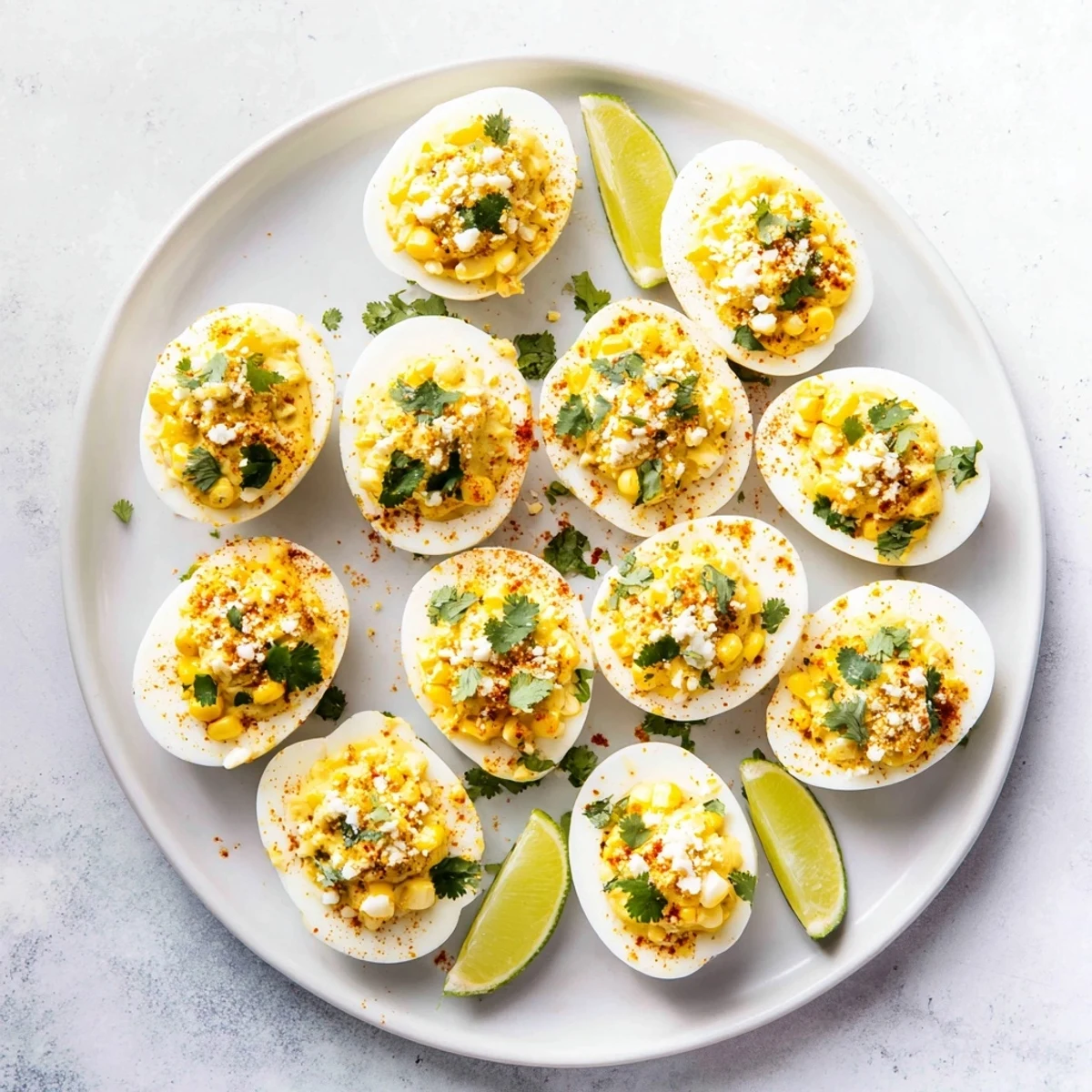 Golden yellow deviled egg filling mixed with sweet corn kernels dusted with chili powder and Tajín seasoning