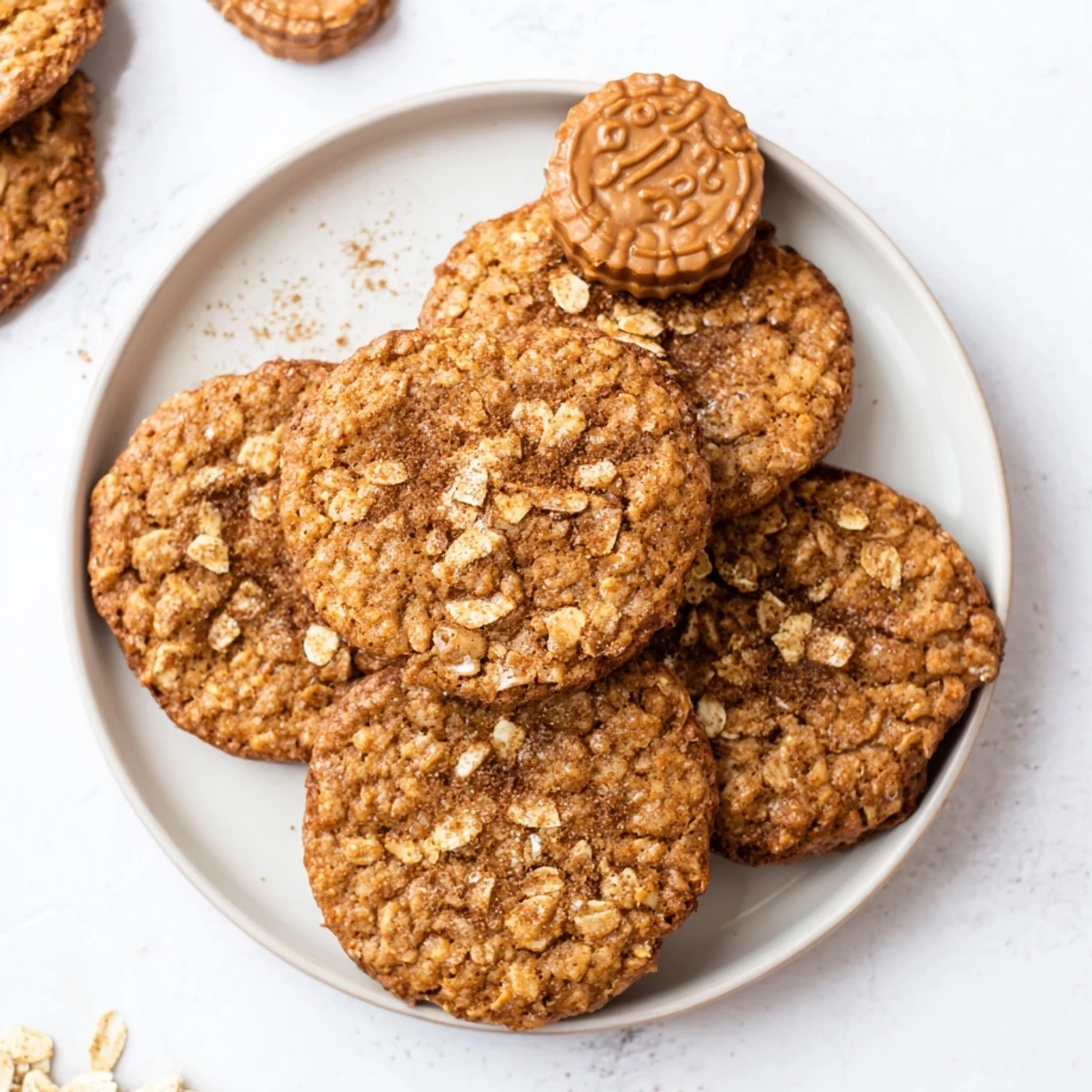 Freshly baked Biscoff oatmeal Lotus cookies with gooey centers and chopped Lotus Biscoff toppings