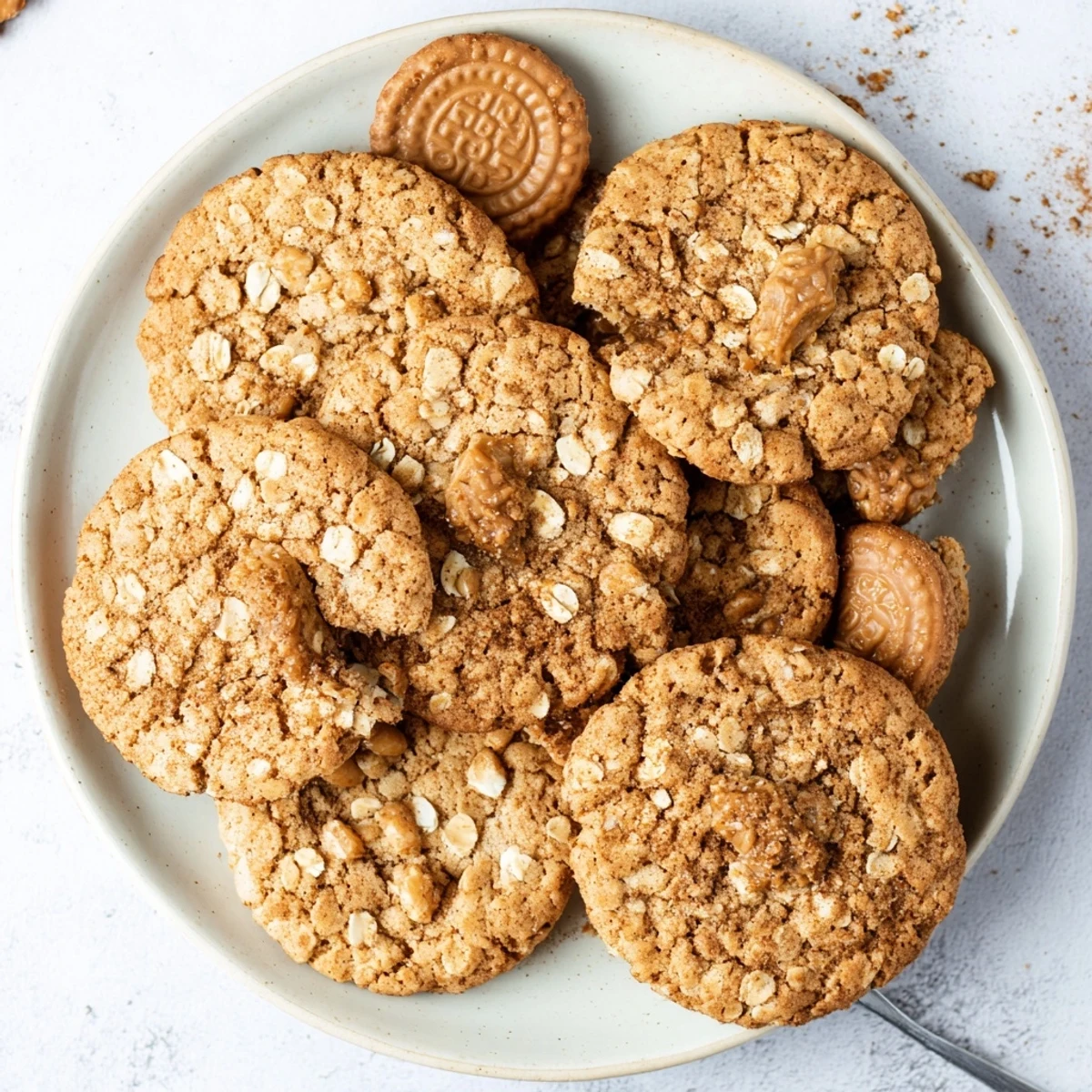 Golden Biscoff oatmeal Lotus cookies studded with caramelized cookie chunks on a wire rack