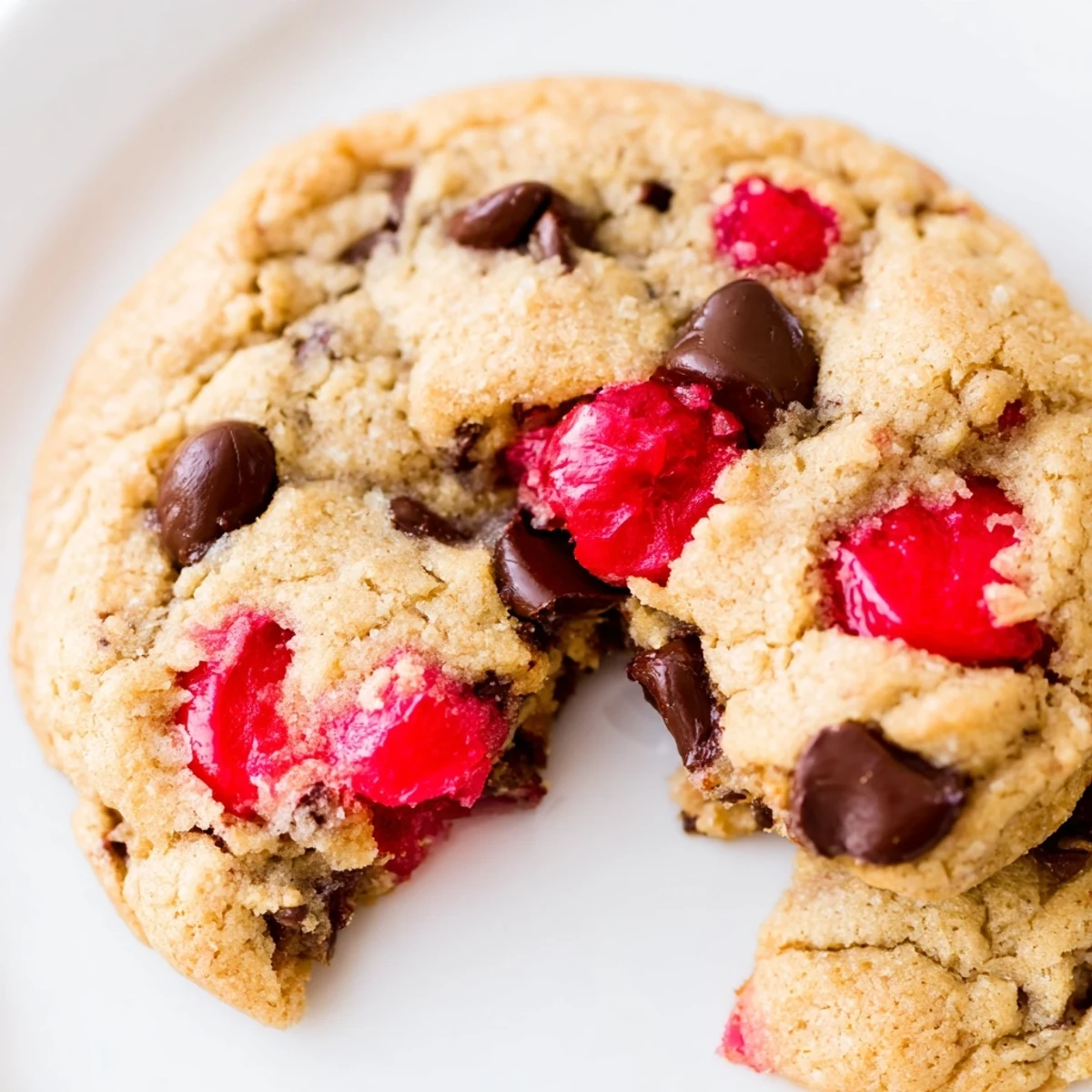Freshly baked Maraschino cherry chocolate chip cookies with vibrant red cherries and melted chocolate chips on a wooden board