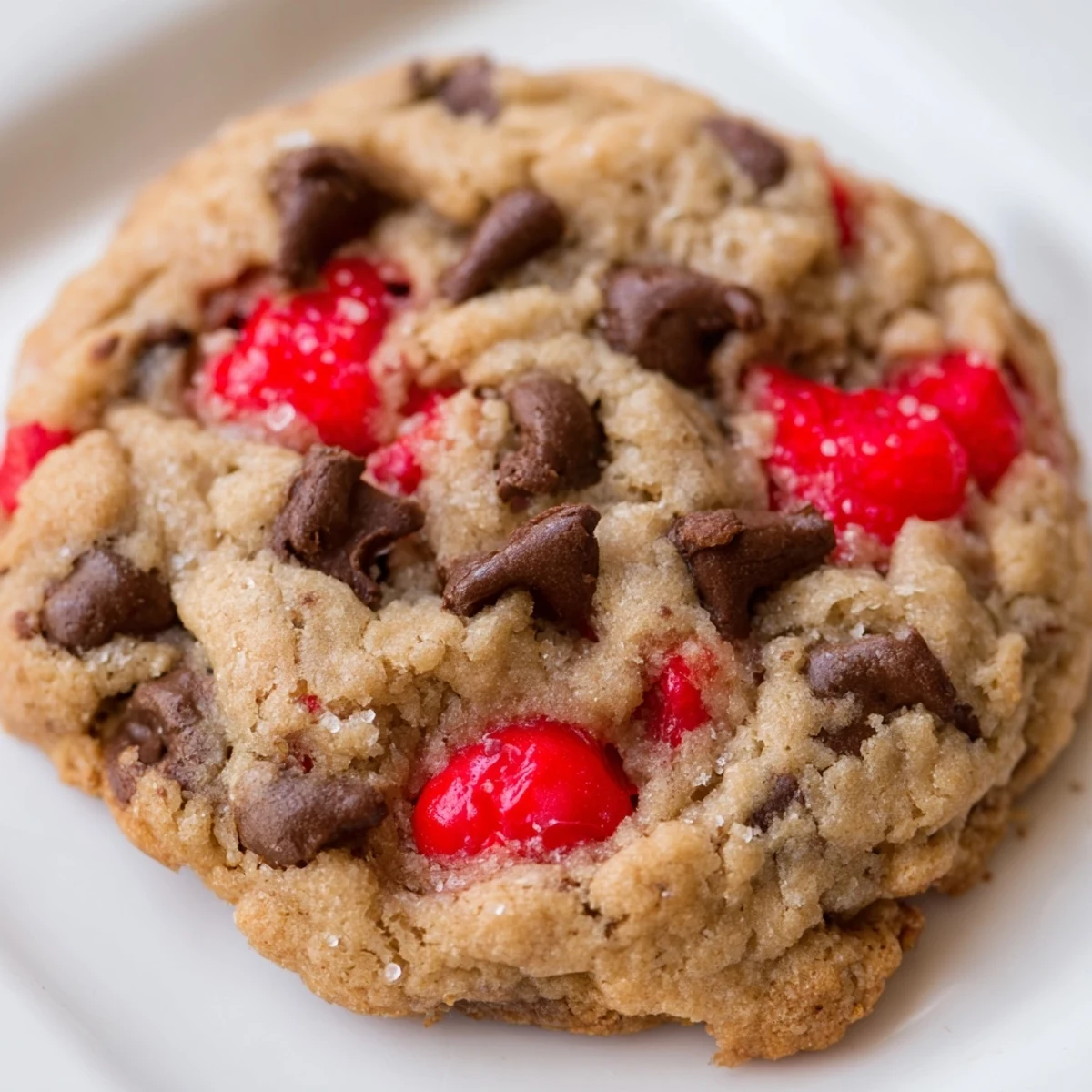 Golden brown Maraschino cherry chocolate chip cookies cooling on a wire rack with juicy cherry pieces visible throughout