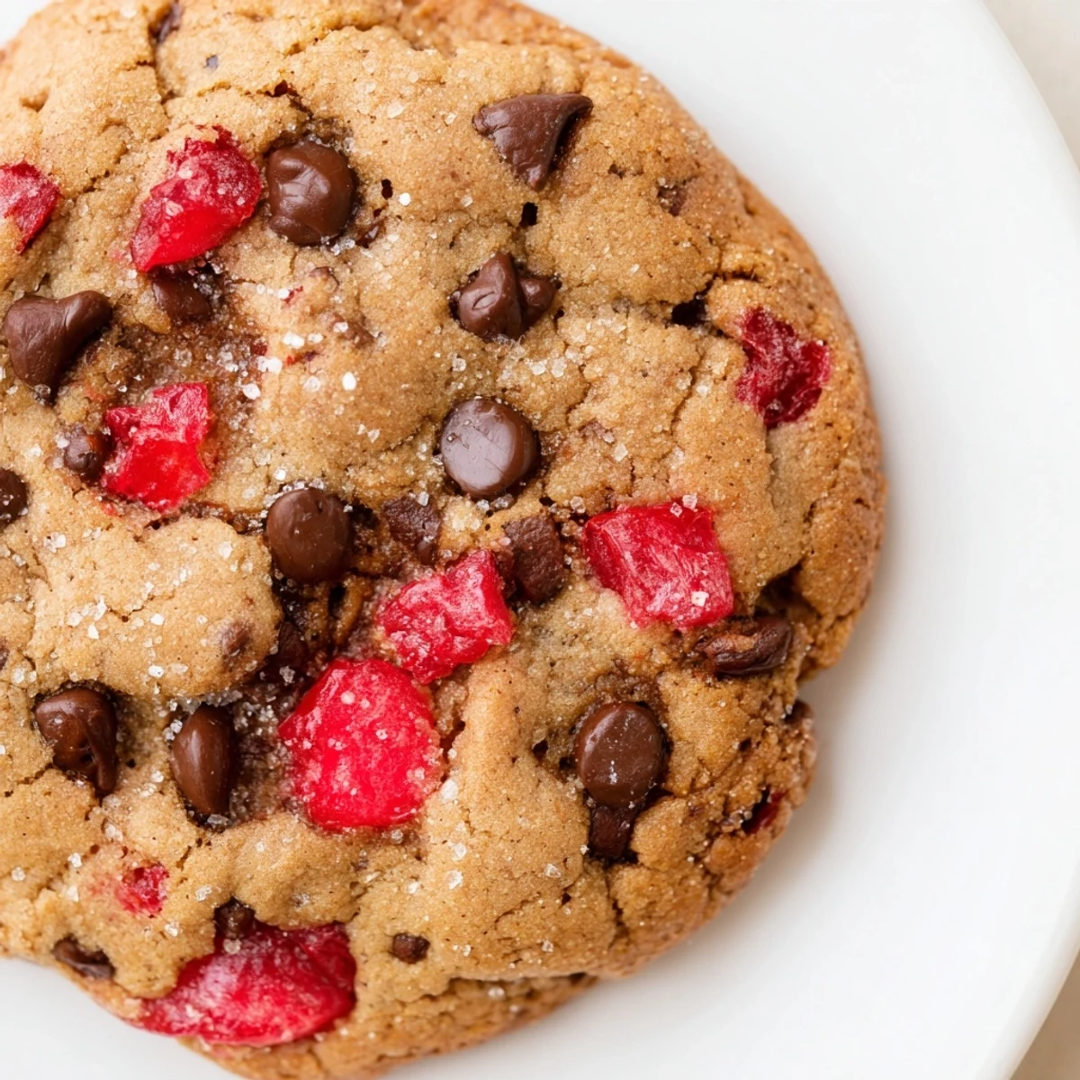 Stack of soft Maraschino cherry chocolate chip cookies showing colorful cherry bits and semisweet chocolate morsels