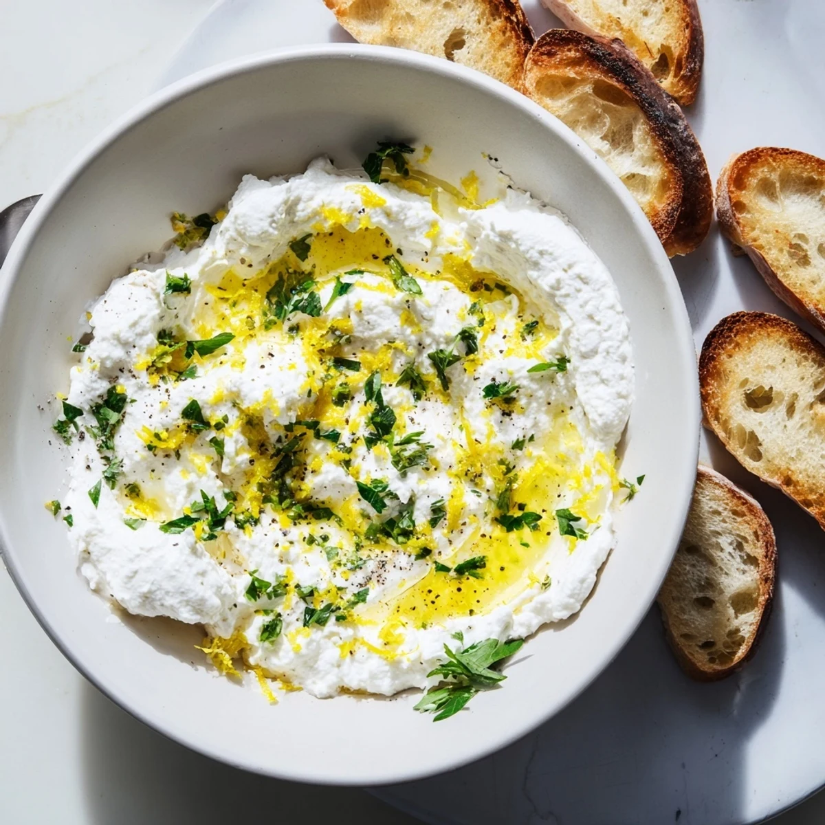 Fluffy whipped ricotta spread drizzled with olive oil and topped with fresh herbs on a rustic wooden board