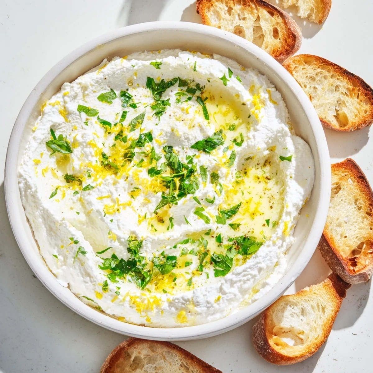 Creamy whipped ricotta appetizer served with toasted bread slices and garnished with lemon zest and honey