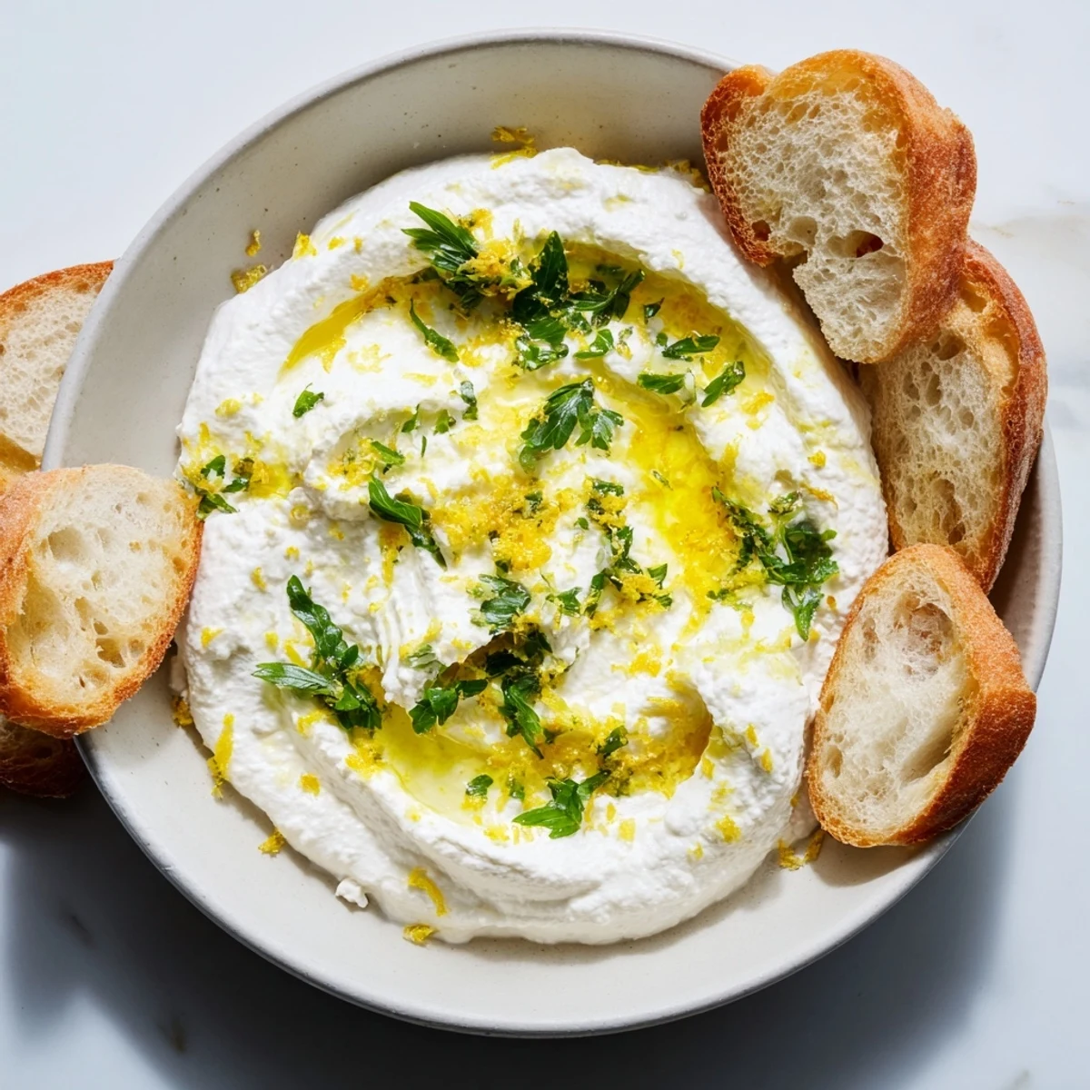 Luxuriously smooth whipped ricotta bowl topped with red pepper flakes and fresh basil alongside crunchy vegetables