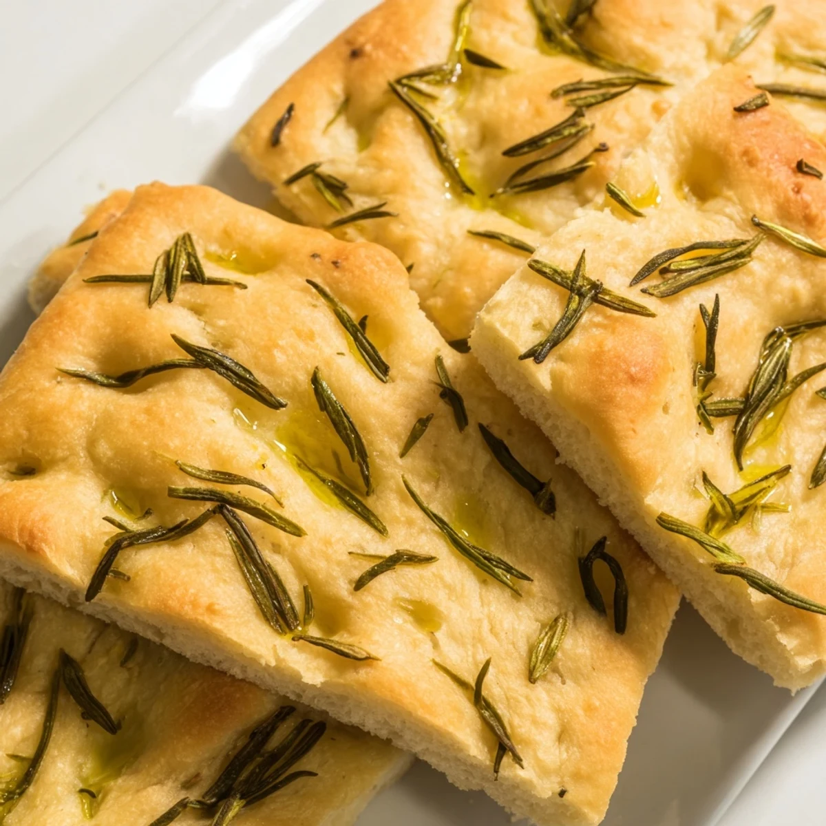 Golden homemade focaccia bread topped with fresh rosemary and coarse sea salt