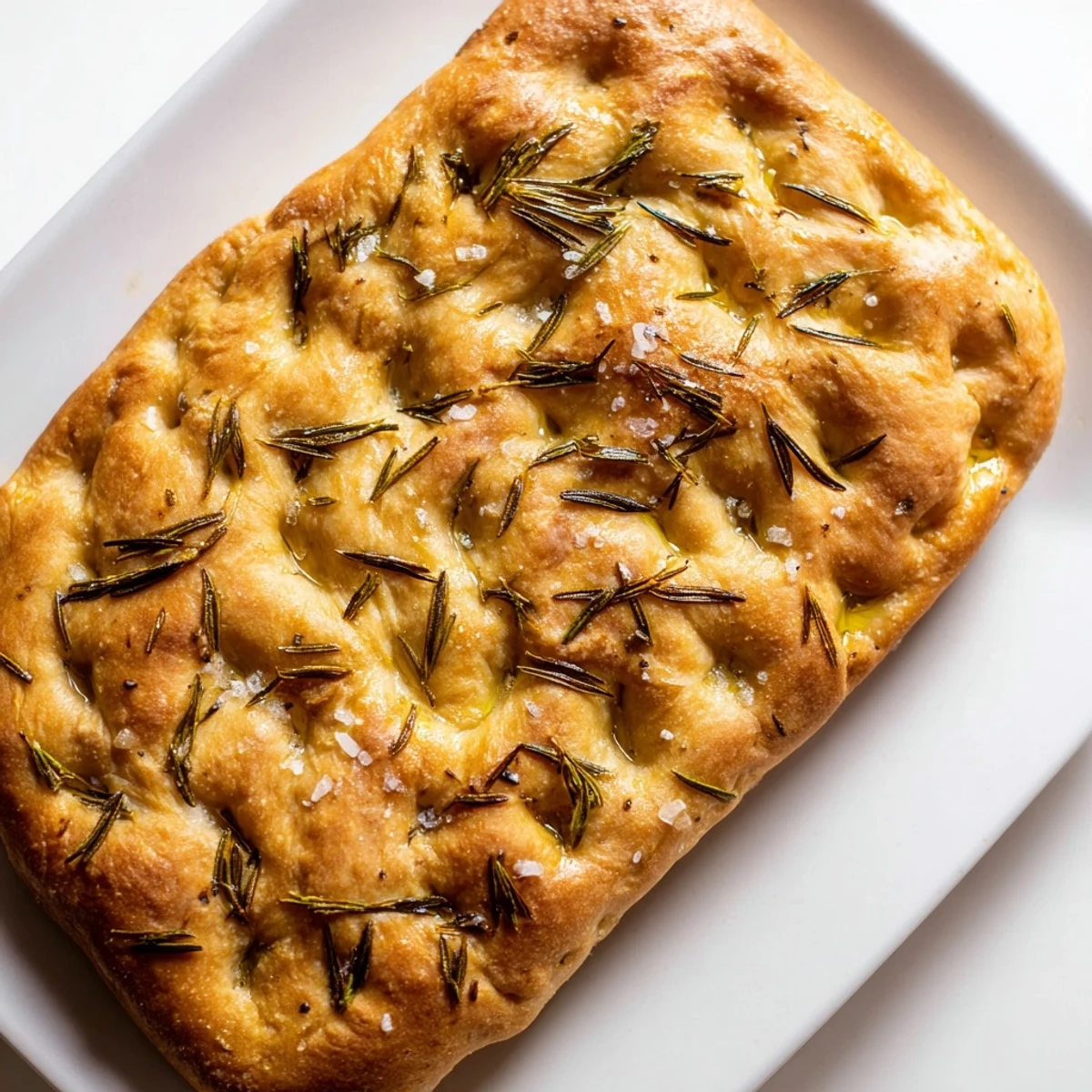Rustic Italian focaccia with dimpled surface glistening with olive oil and herbs