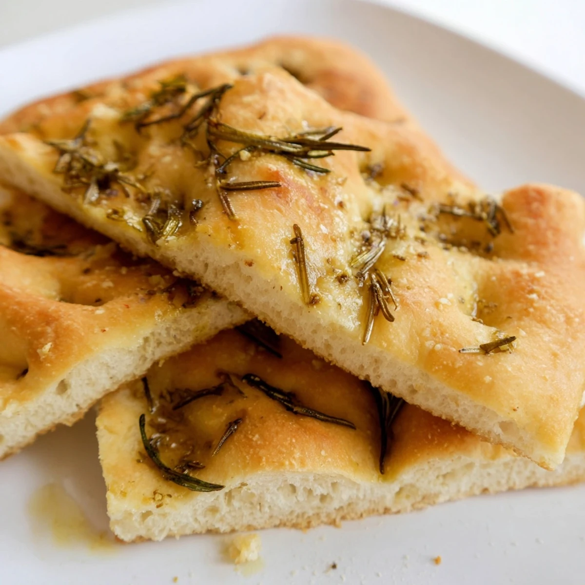 Soft airy focaccia flatbread sprinkled with rosemary and flaky salt crystals