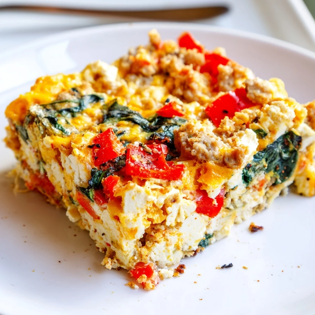 Sliced high protein egg casserole featuring fluffy eggs, turkey sausage, and vibrant vegetables