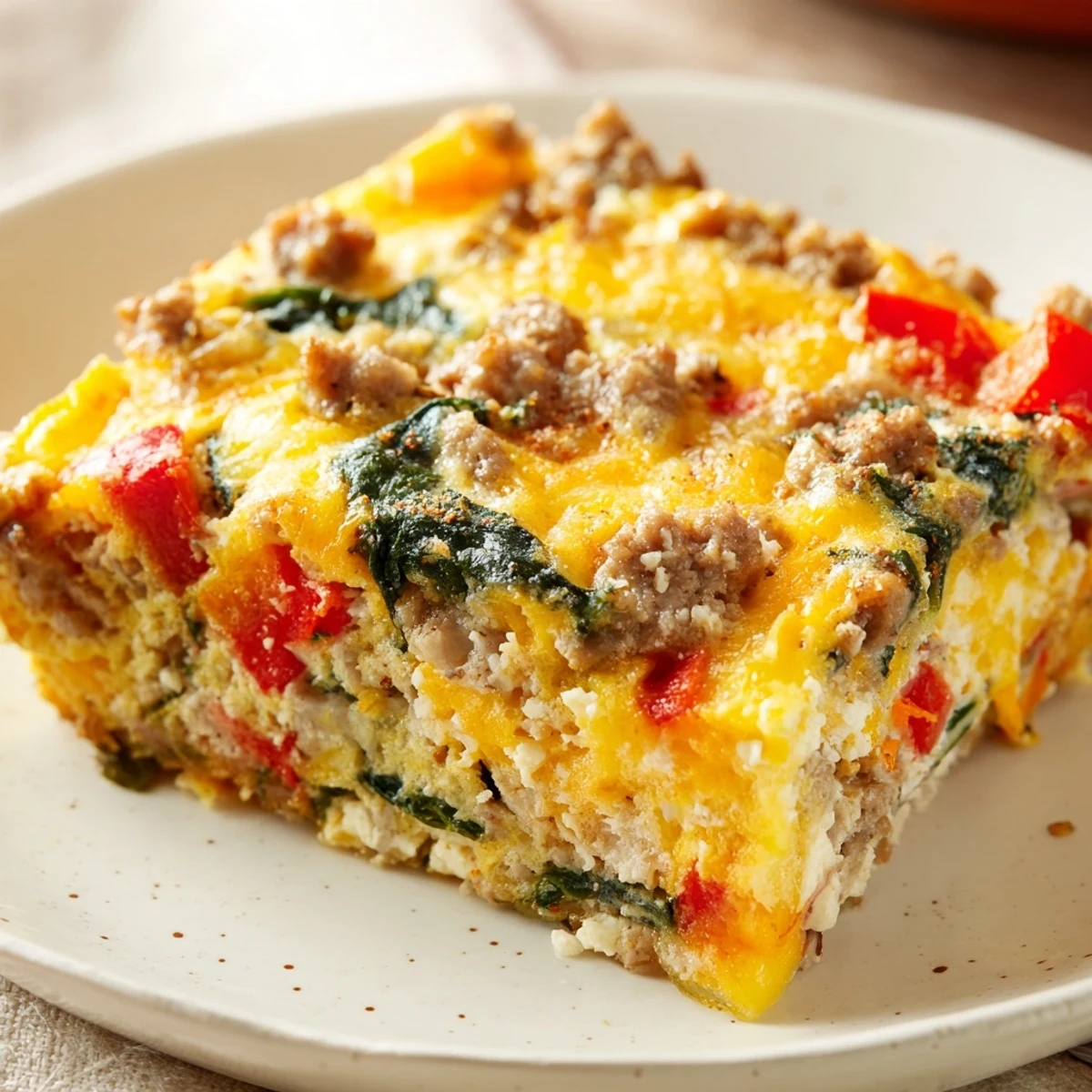 Golden high protein egg casserole with melted cheddar, colorful peppers, and spinach layers