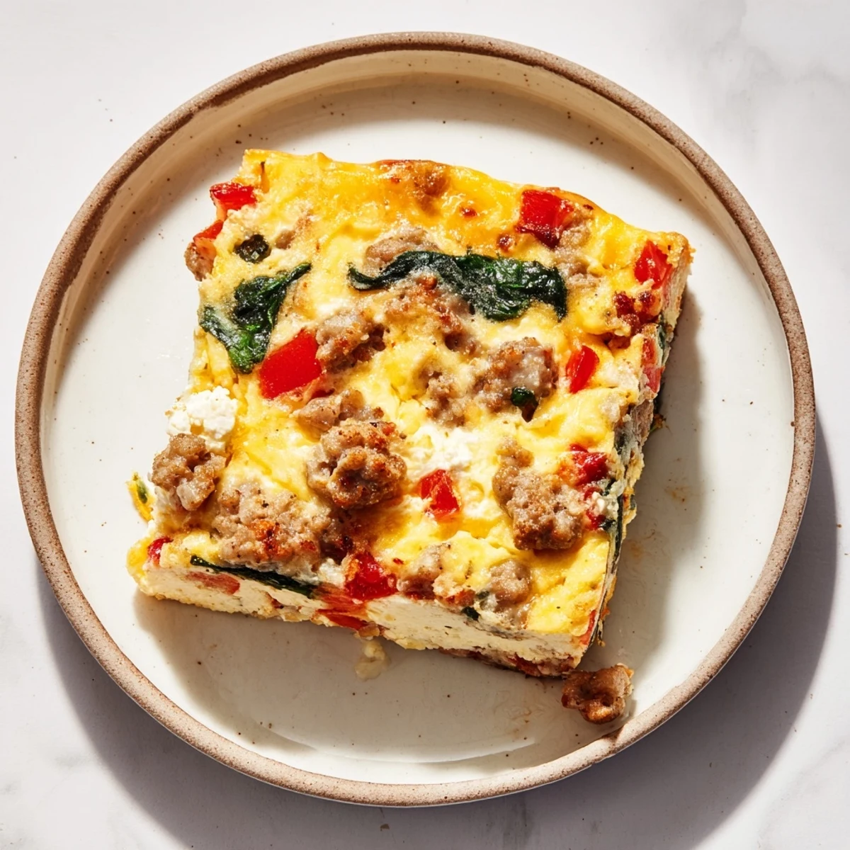 Baked high protein egg casserole with cottage cheese, bell peppers, and golden cheesy top