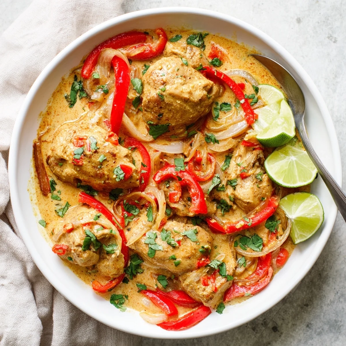 Spicy Brazilian coconut chicken simmered in a fragrant yellow curry sauce, topped with chopped herbs and lime wedges.