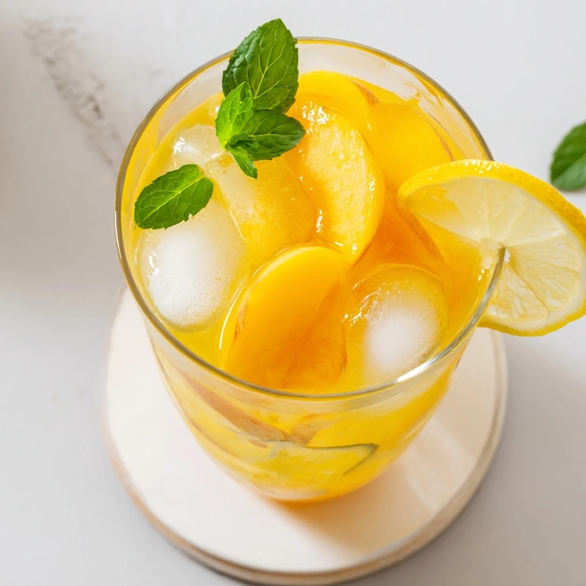 Fresh peach lemonade poured over ice with peach slices and mint garnish in glass