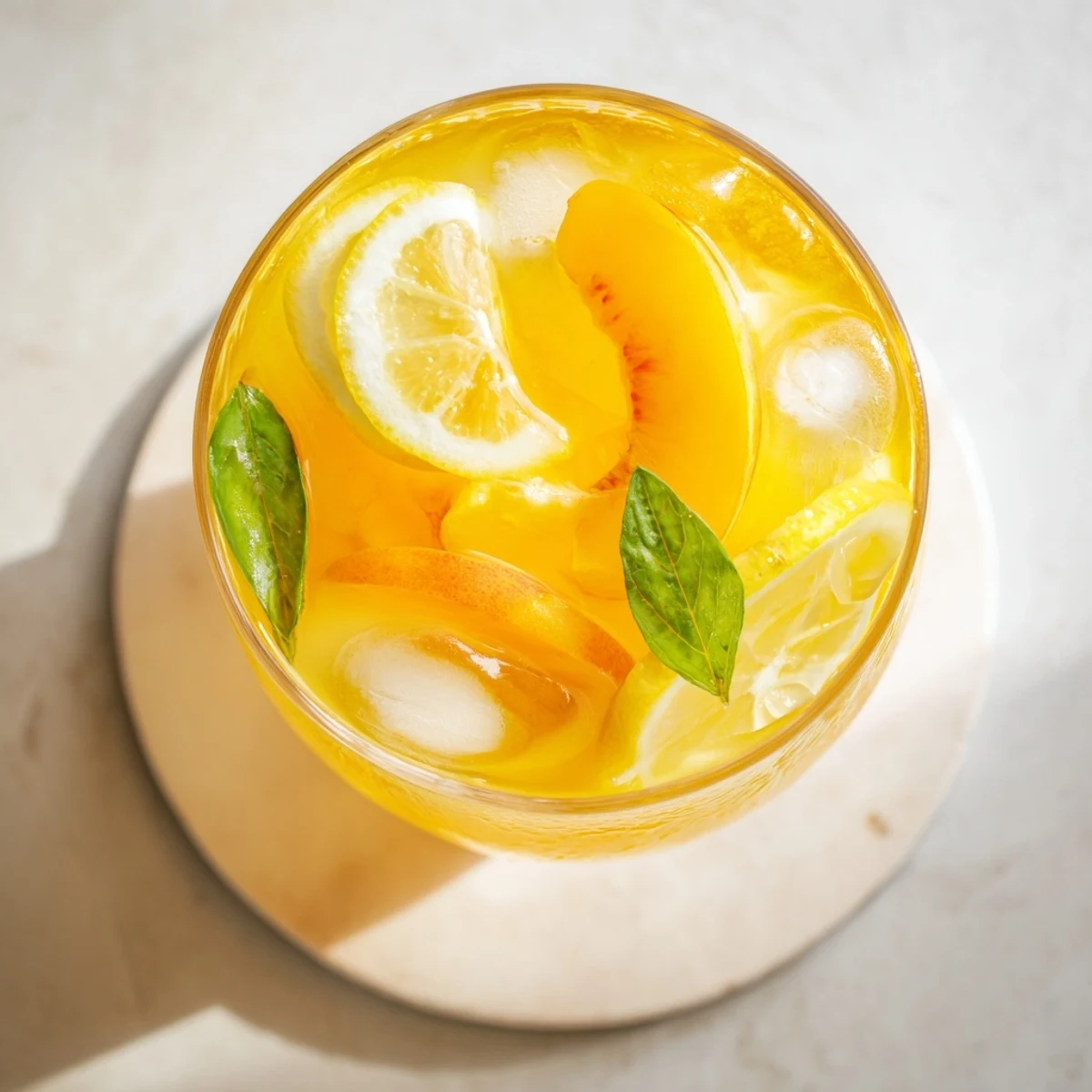 Refreshing summer fresh peach lemonade drink served with ice and fresh peach wedge