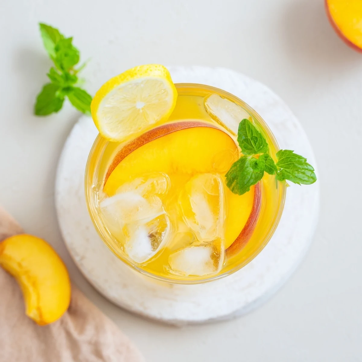Golden pitcher of fresh peach lemonade garnished with lemon wheels on wooden table