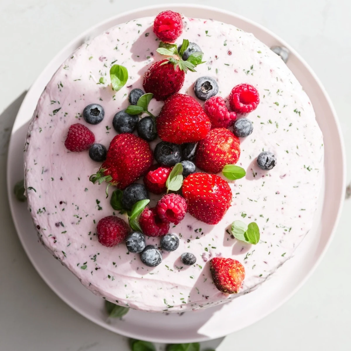 Fresh basil berry cake topped with whipped basil frosting and colorful mixed berries on a white plate