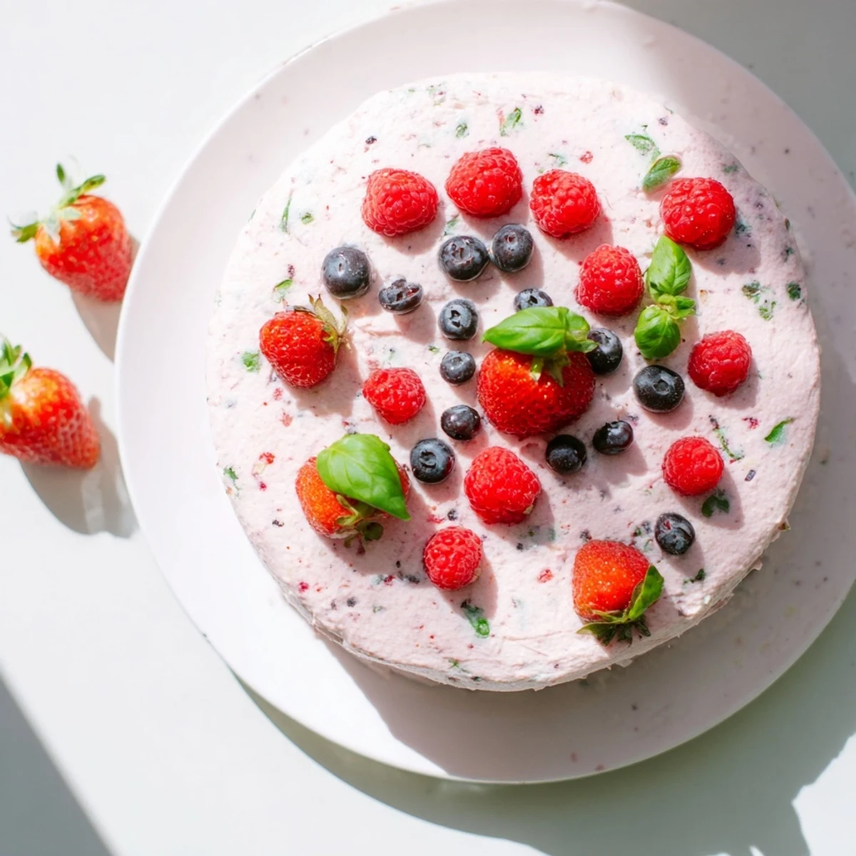 Slice of basil berry cake revealing tender crumb with strawberries raspberries and fresh green basil throughout