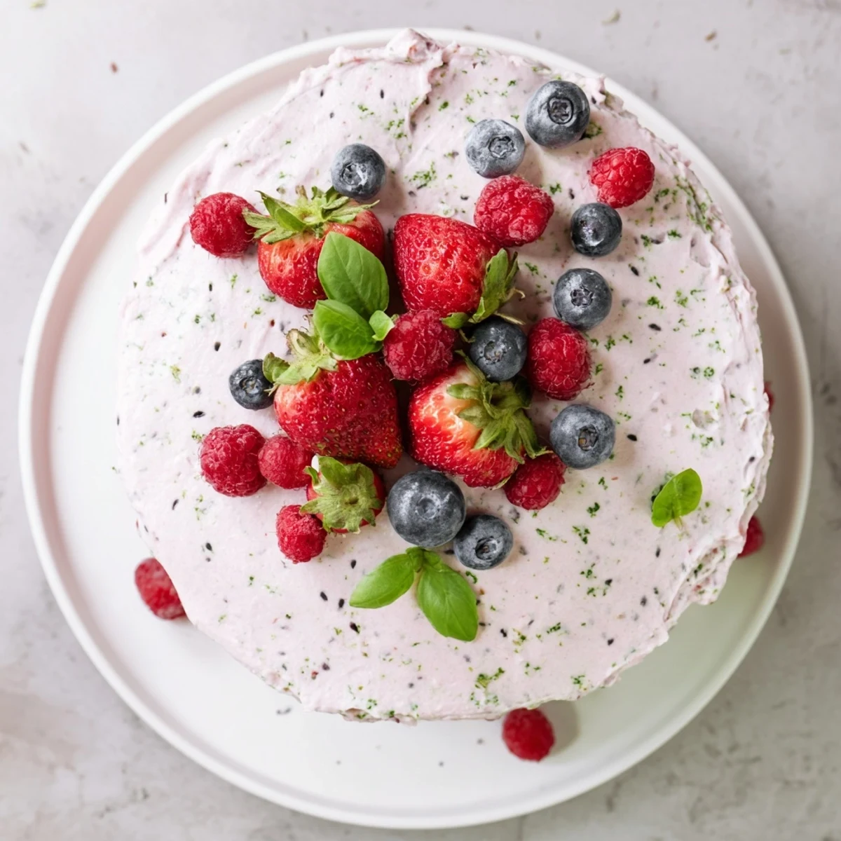 Decorated basil berry cake with pink purple frosting garnished with fresh berries and fragrant basil leaves
