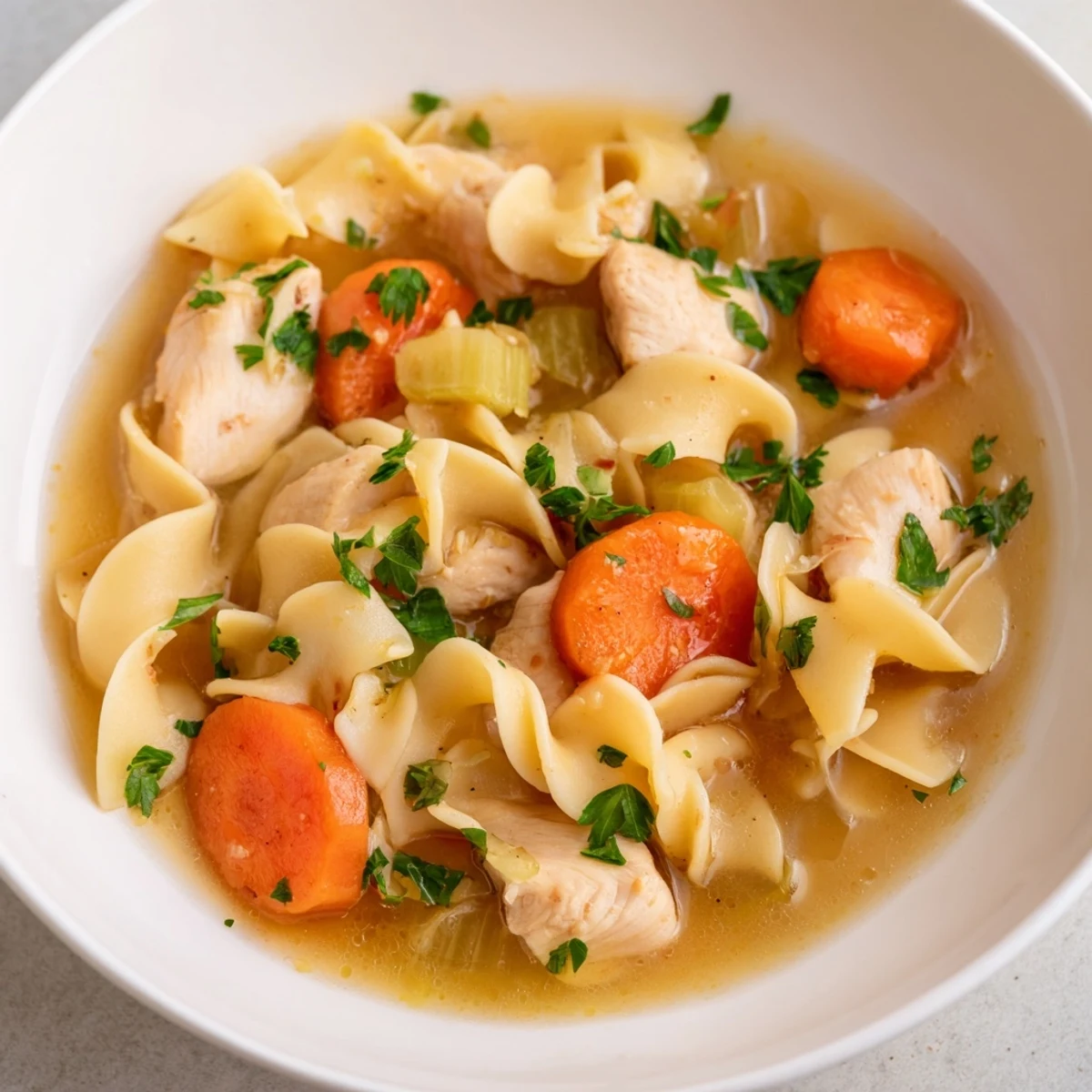 Creamy one pot chicken and noodles in a bowl topped with fresh green parsley