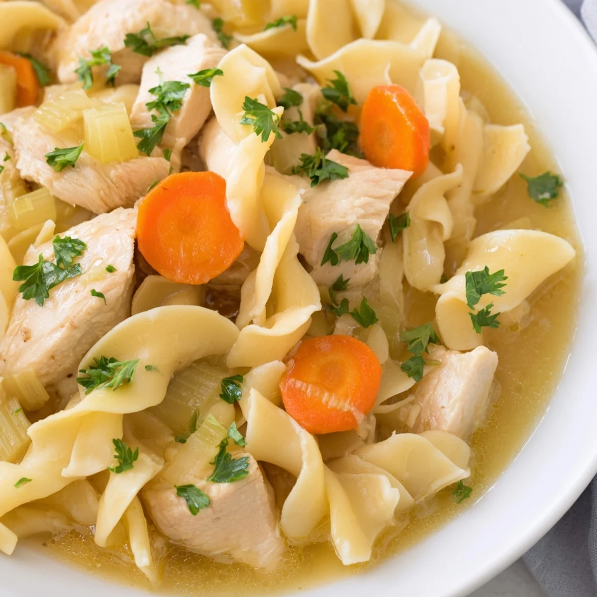 Golden one pot chicken and noodles simmering in savory broth with tender vegetables