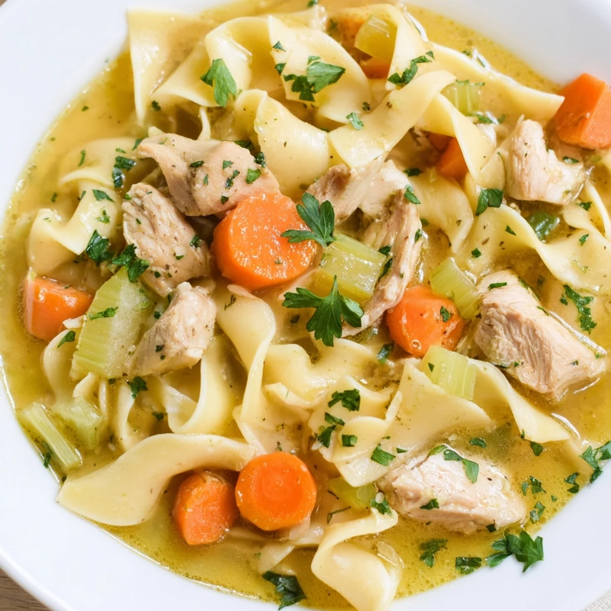 Hearty one pot chicken and noodles featuring wide egg noodles and chunky carrot pieces
