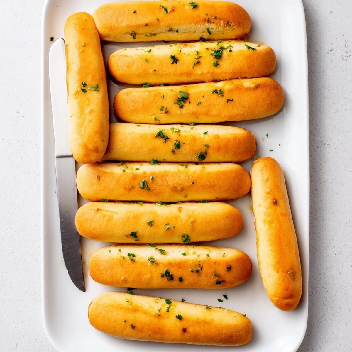Golden homemade garlic breadsticks fresh from the oven with melted butter and parsley garnish