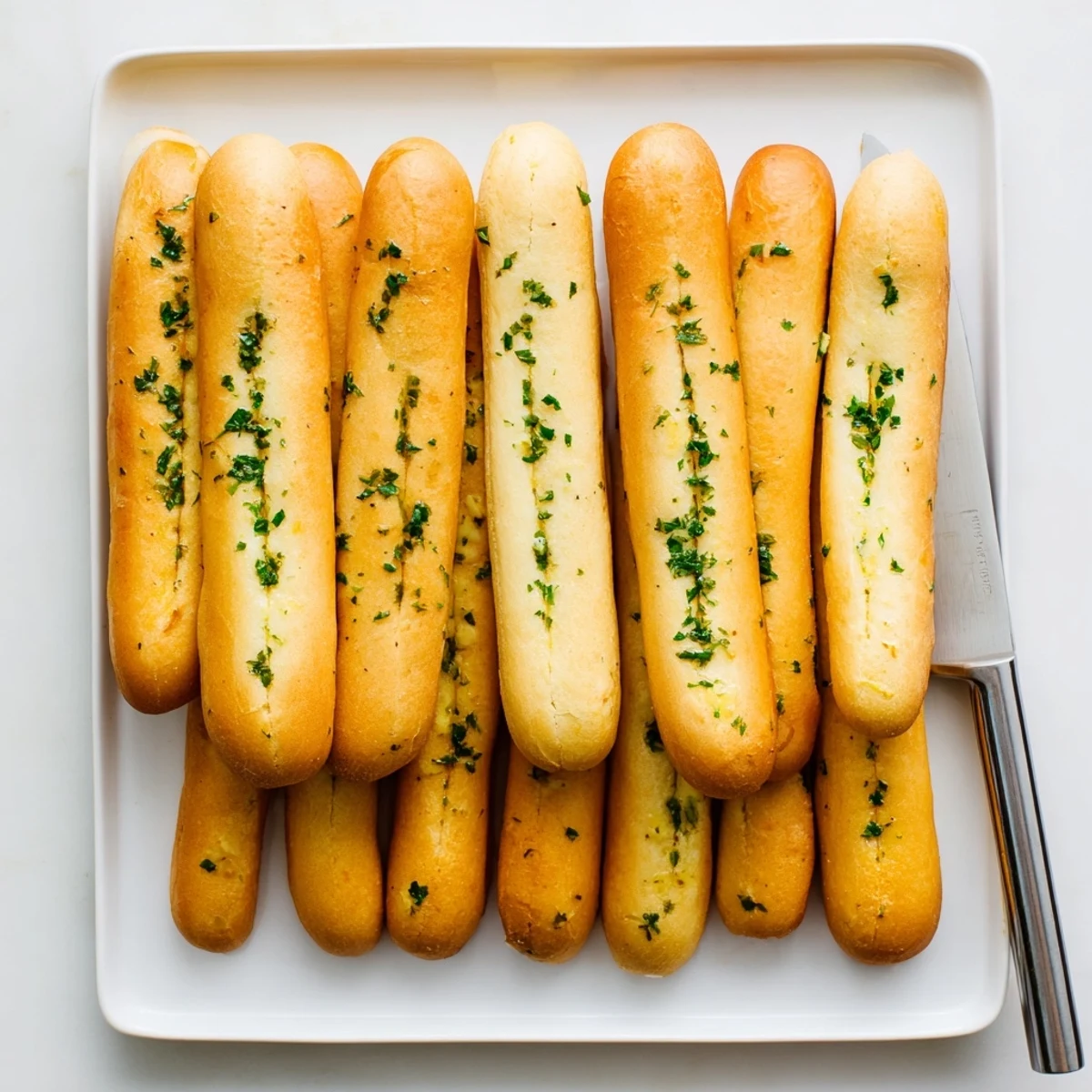 Soft fluffy garlic breadsticks brushed with herbed butter perfect for dipping in marinara sauce