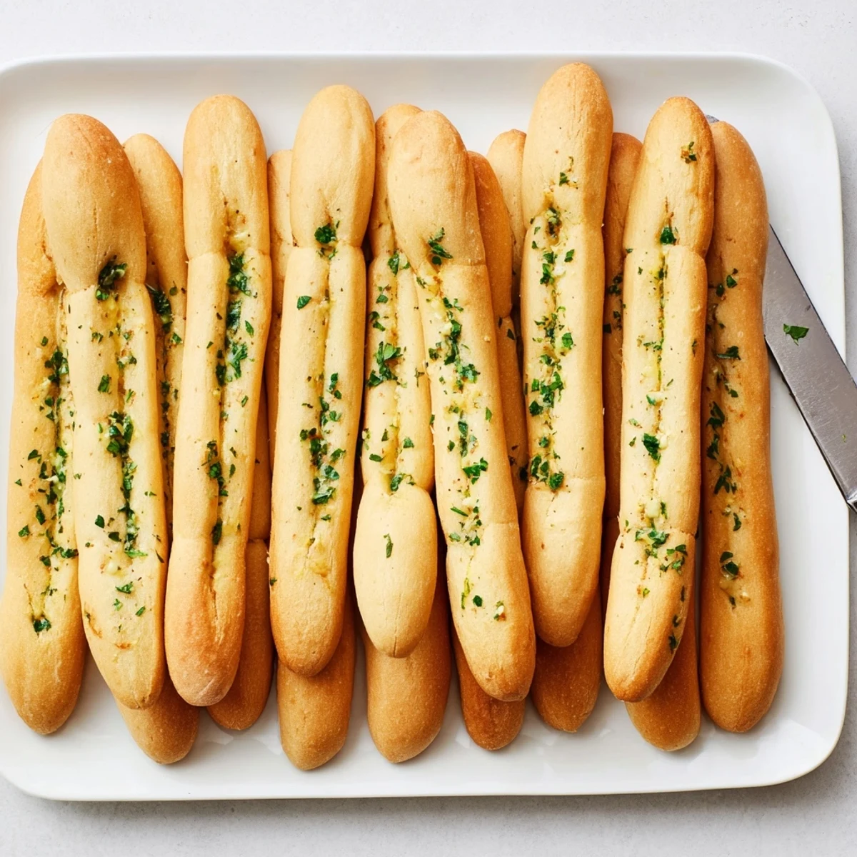 Warm Italian garlic breadsticks arranged on a baking sheet ready for family dinner serving
