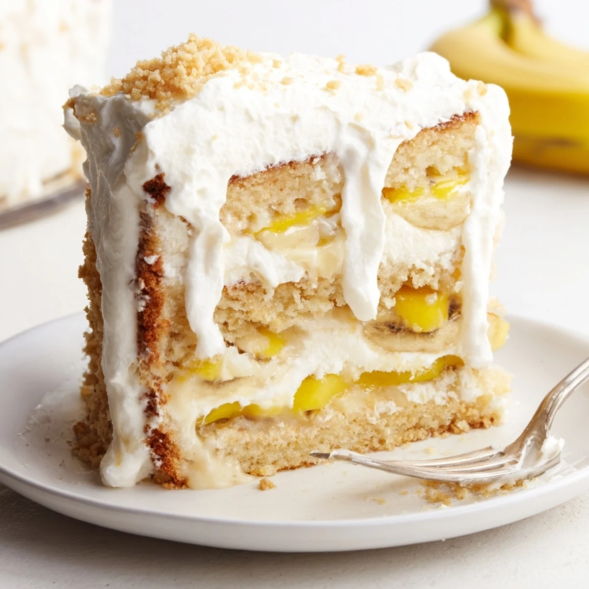 Luscious layered banana pudding cake with vanilla wafer crumbs and creamy frosting stacked on serving platter