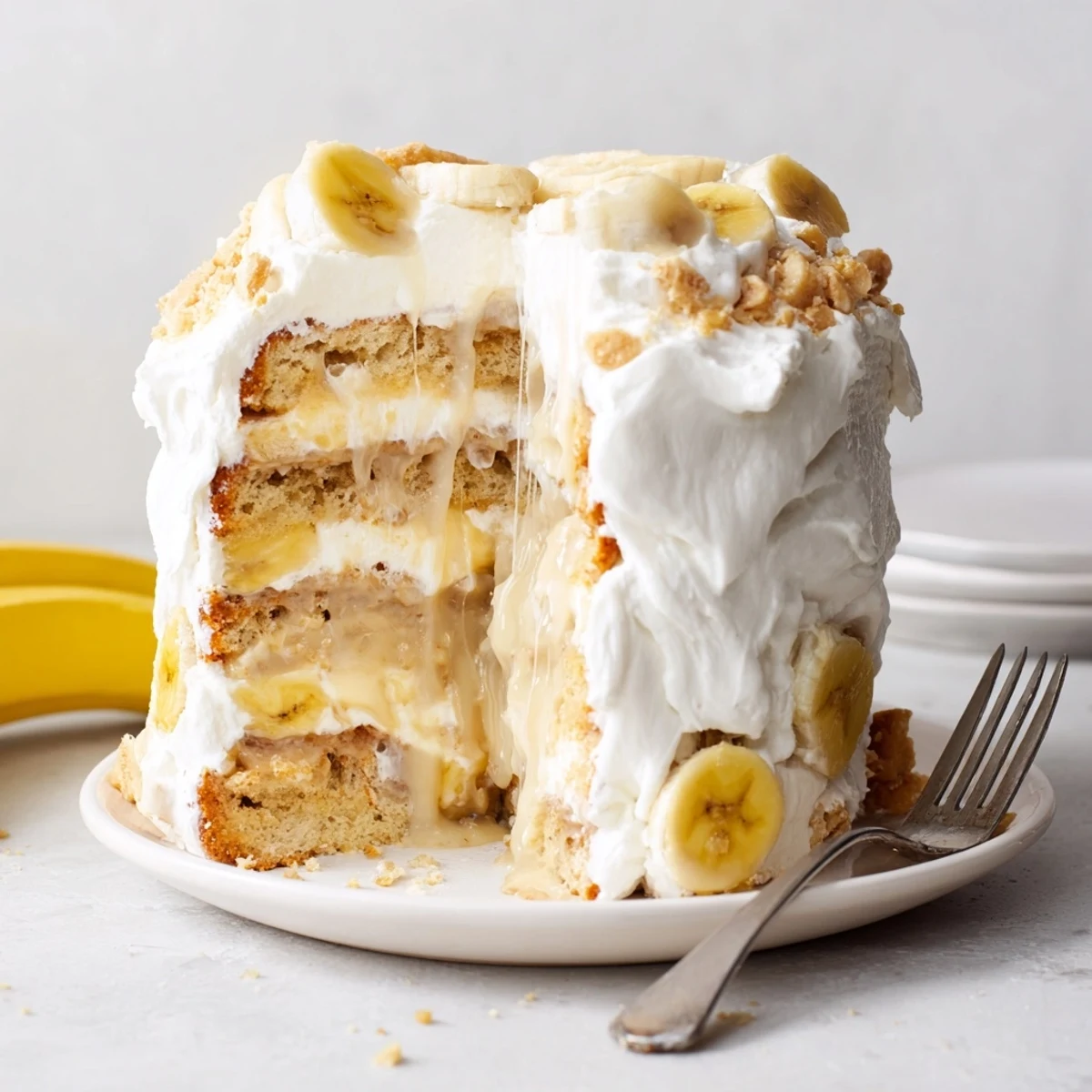 Moist banana pudding cake dessert revealing vanilla pudding filling between tender cake layers with crushed cookies