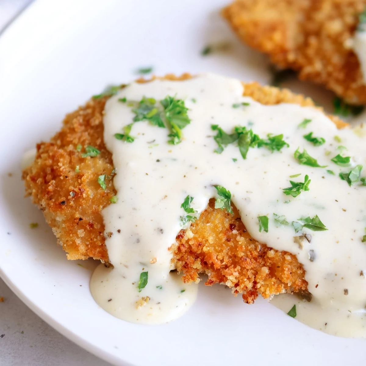 Golden crispy chicken breasts drizzled with rich velvety Parmesan cream sauce garnished with fresh parsley