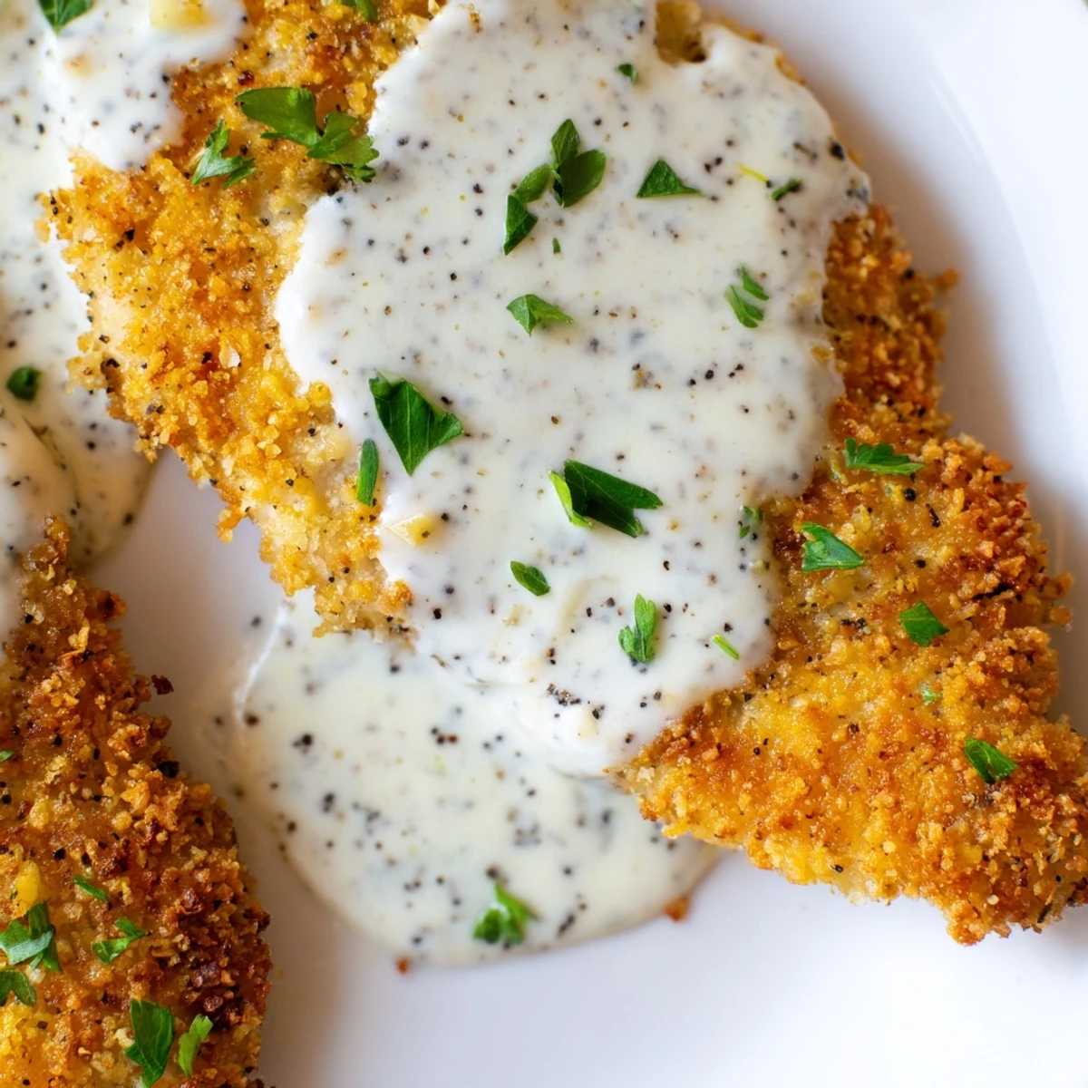 Homemade crispy chicken creamy sauce recipe featuring golden fried cutlets topped with luscious white Parmesan sauce