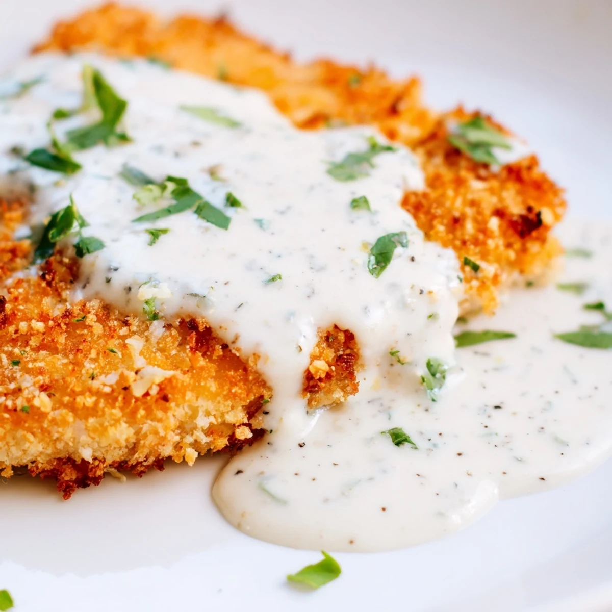 Juicy pan-fried chicken with crunchy breadcrumb coating served alongside smooth garlic cream sauce on white plate