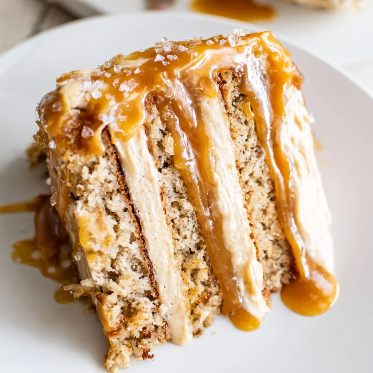 Slice of moist banana cake featuring brown butter infused layers with rich salted caramel dripping down sides