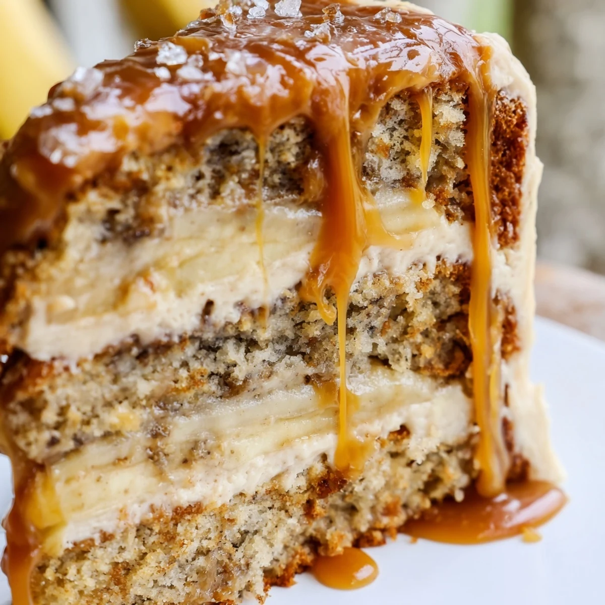Two-layer salted caramel brown butter banana cake with golden crumb and smooth caramel buttercream frosting