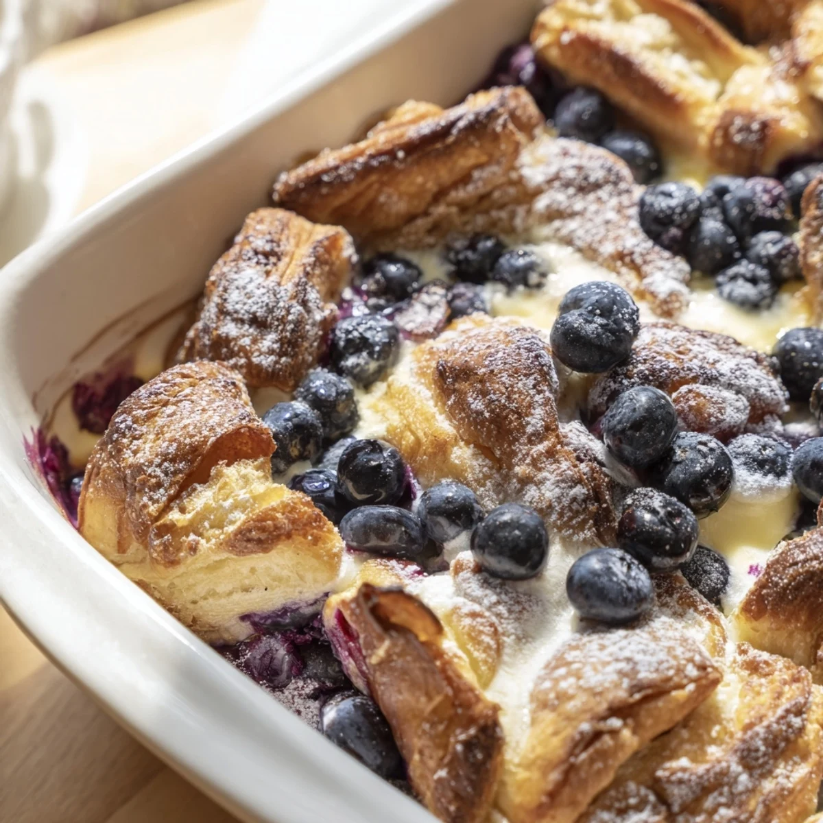 Golden blueberry cream cheese croissant casserole with juicy berries bubbling between buttery pastry layers