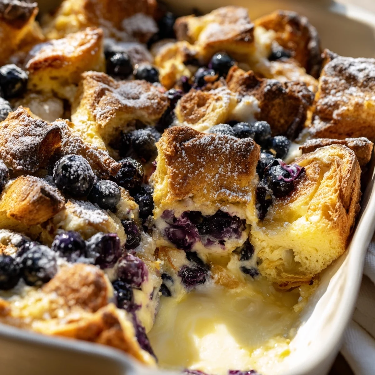 Overhead view of blueberry cream cheese croissant casserole dusted with powdered sugar on a serving platter