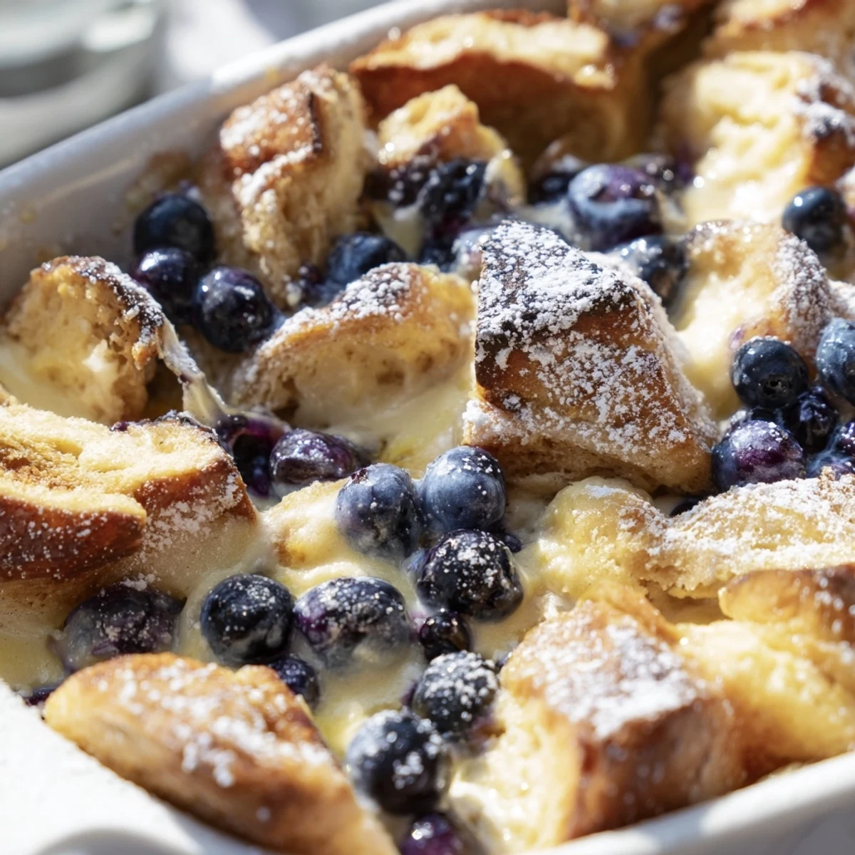Warm blueberry cream cheese croissant casserole fresh from the oven with maple syrup ready for drizzling