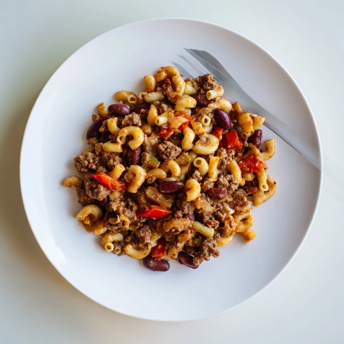 Hearty bowl of chili mac and cheese featuring ground beef beans and creamy cheddar sauce