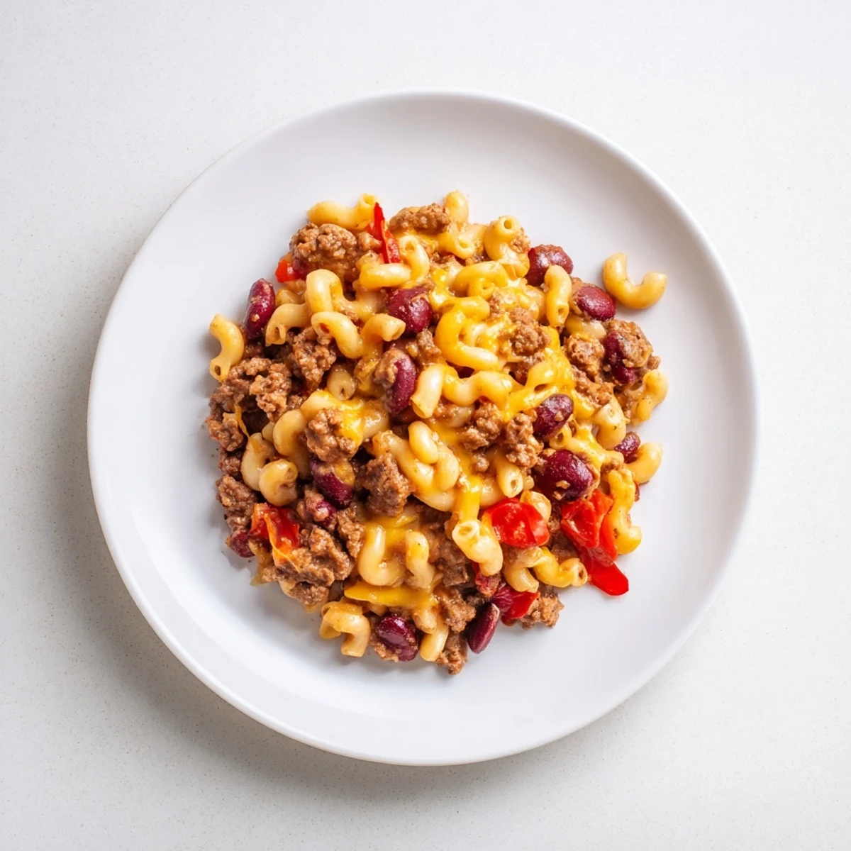 Golden baked chili mac and cheese with red bell peppers and gooey cheese layer
