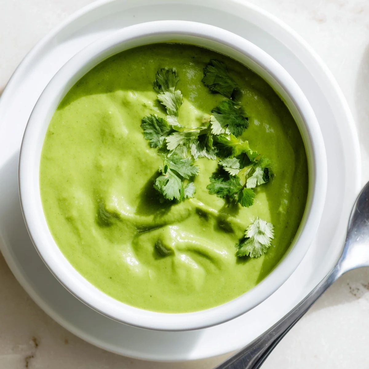 Vibrant bowl of spicy Peruvian aji verde sauce garnished with fresh cilantro leaves