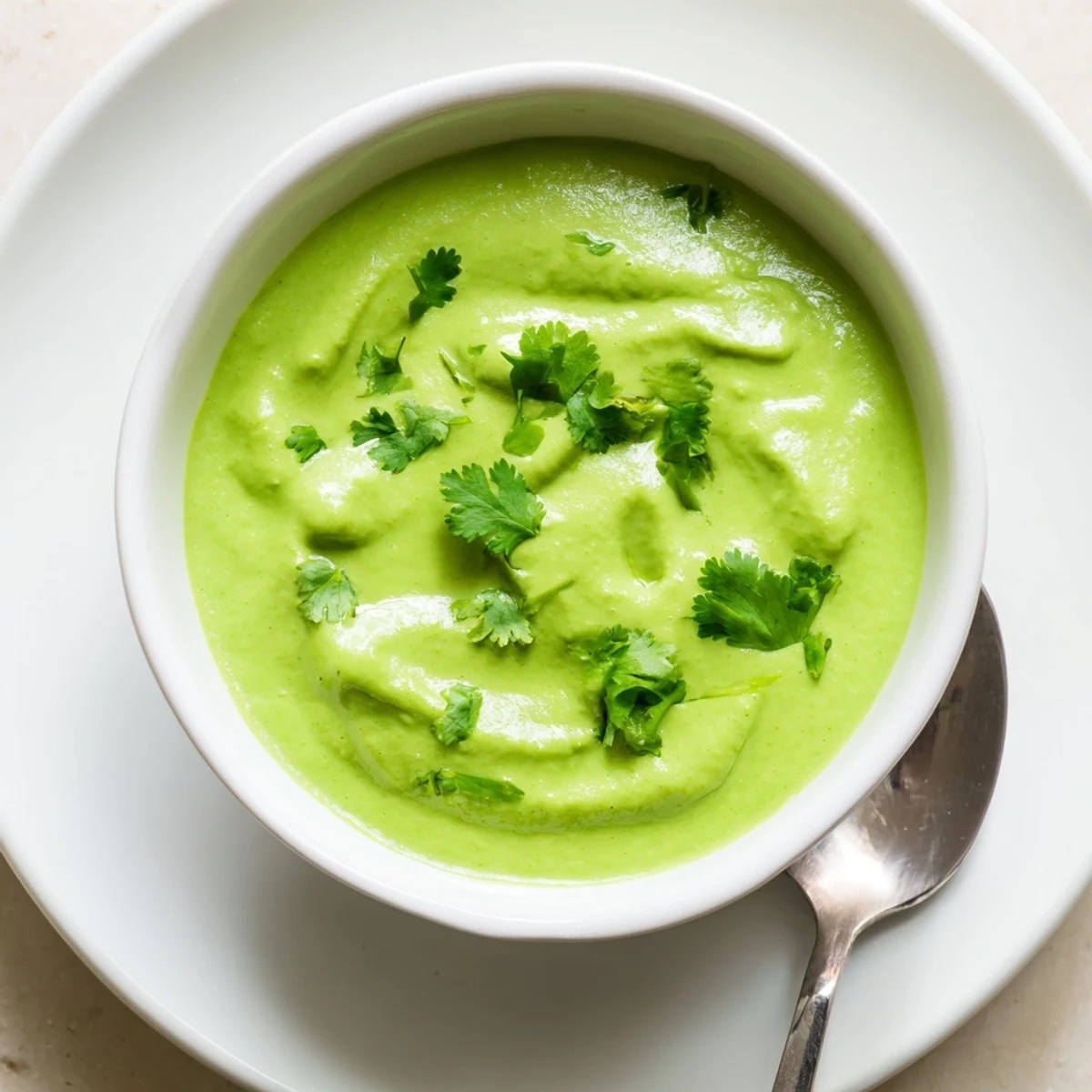 Smooth bright green Peruvian aji verde served as dipping sauce with crispy french fries