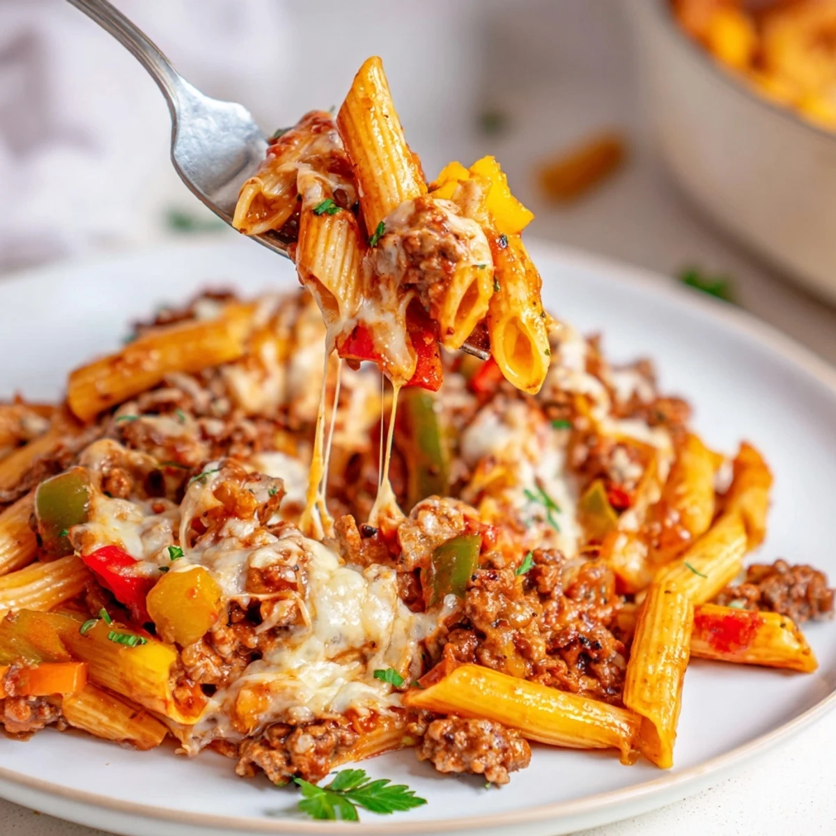 Cheesy Stuffed Pepper Skillet Pasta bubbling with golden mozzarella, peppers and herbs  