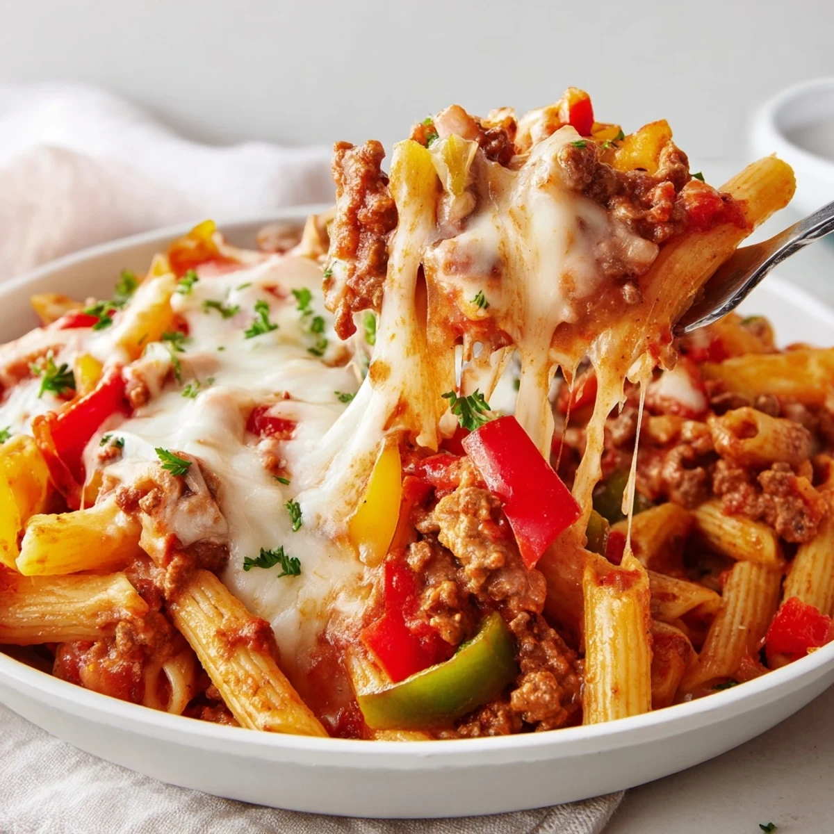 Warm Cheesy Stuffed Pepper Skillet Pasta served family-style, fragrant peppers and melted cheese  
