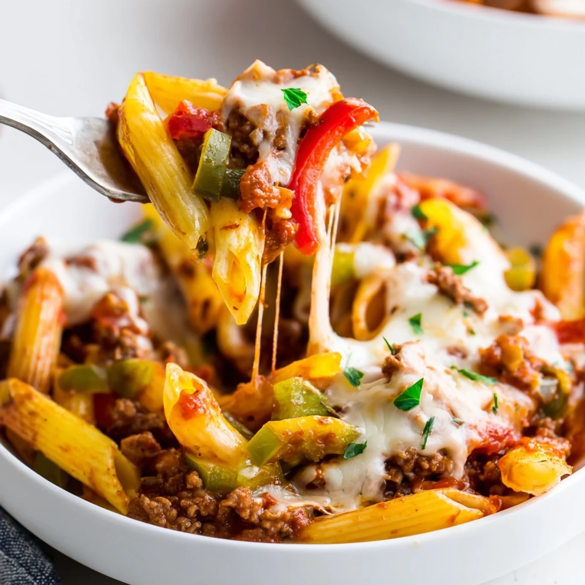 Spoonful of Cheesy Stuffed Pepper Skillet Pasta topped with parsley and bubbling cheese